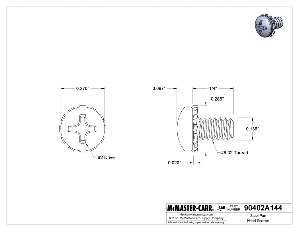 Technical Drawing of Steel Pan Head Screws, with External-Tooth Lock Washer, 6-32 Thread, 1/4" Long.
